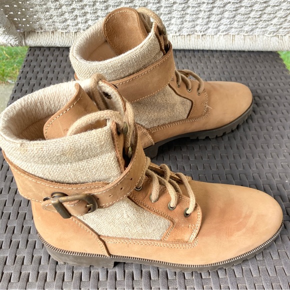 Trader Bay High Tan ankle boot leather fabric lace up buckle chunky heel flat - Picture 14 of 14